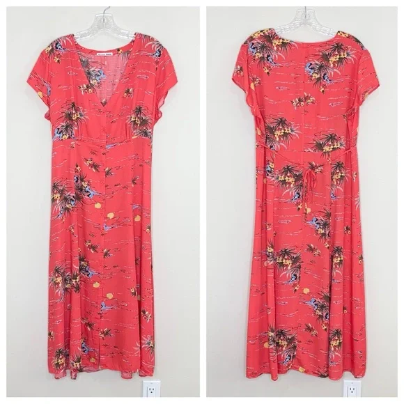 Reformation Denise Midi Dress (Sz XL) Button Down Tencel Red Fiji Print - Picture 3 of 15
